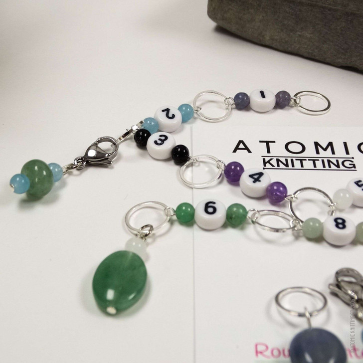 New! Row Counter - Blue/Green Gemstones - 99 Row Counter Chain for Knitting and 3 Stitch Markers - SIZE 4mm OR 7mm