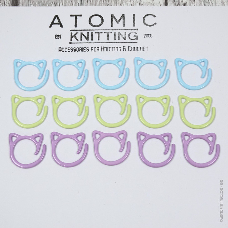 Set of fifteen cat-themed open ring removable stitch markers for knitting, featuring colourful rings, designed for easy marking of stitches in knitting projects.