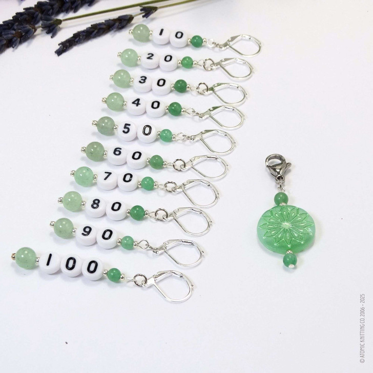 New! Green Aventurine Number Stitch Markers set of 10 with Flower holder