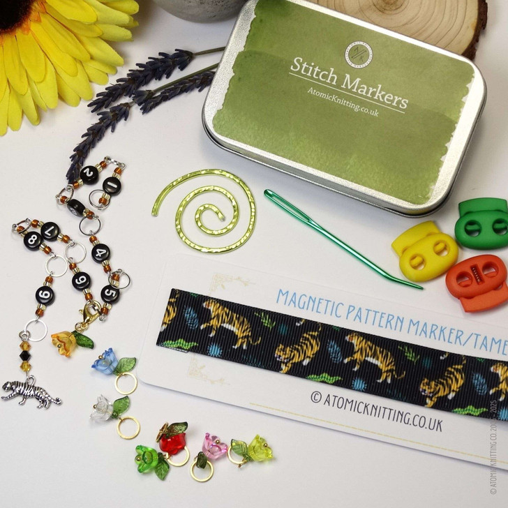 Tiger Knitting Notions Bundle | Row Counter Chain, Stitch Markers, Magnetic Pattern Guide, Blunt Needle, Cable Spiral, Tin