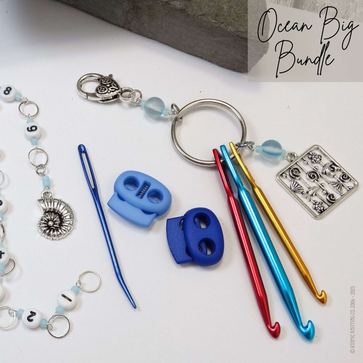 Seashore Knitting Notions Bundle | Row Counter Chain, Stitch Markers, Counting Markers, Blunt Needle, Mini Crochet Hooks, Tin