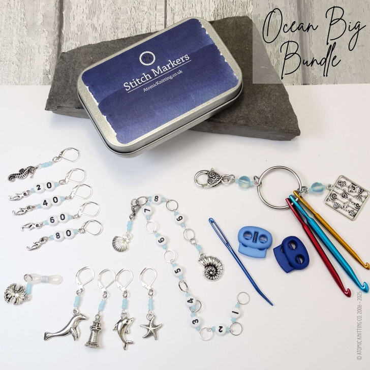 Seashore Knitting Notions Bundle | Row Counter Chain, Stitch Markers, Counting Markers, Blunt Needle, Mini Crochet Hooks, Tin