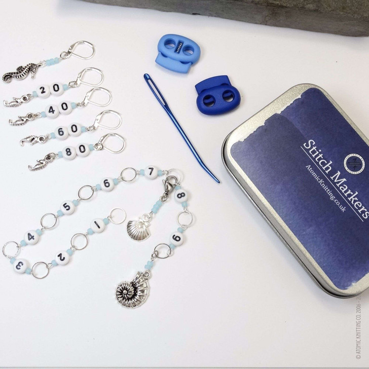 Seashore Knitting Notions Bundle | Row Counter Chain, Stitch Markers, Counting Markers, Blunt Needle, Mini Crochet Hooks, Tin