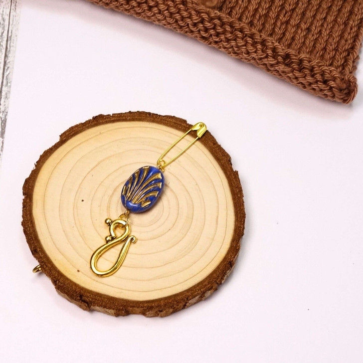 Blue & Gold Oval Portuguese Knitting Pin - Single Hook