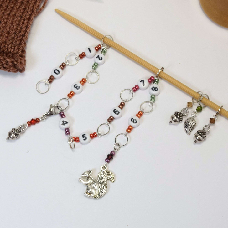 Squirrel & Acorn Row Counter plus Stitch Markers - 99 Row Counter Chain for Knitting and crochet - SIZE 4mm OR 7mm