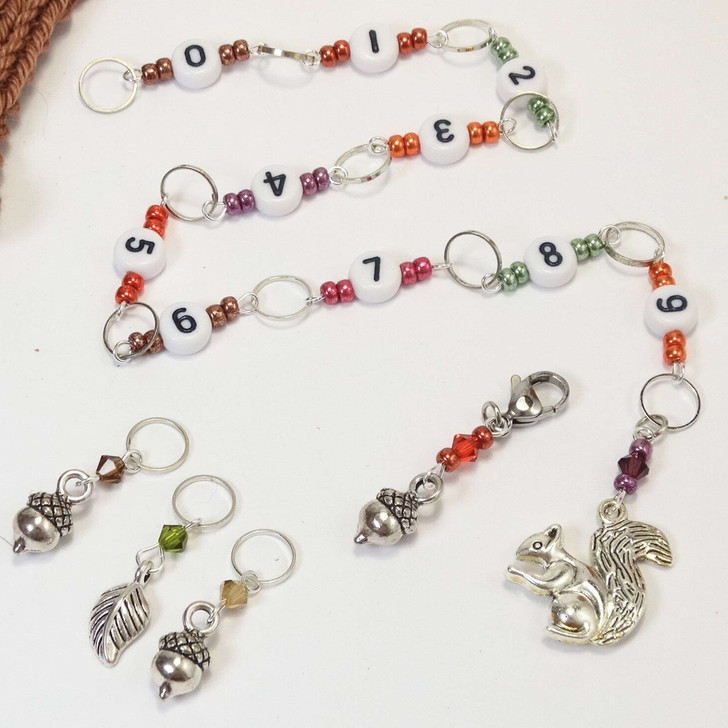Squirrel & Acorn Row Counter plus Stitch Markers - 99 Row Counter Chain for Knitting and crochet - SIZE 4mm OR 7mm