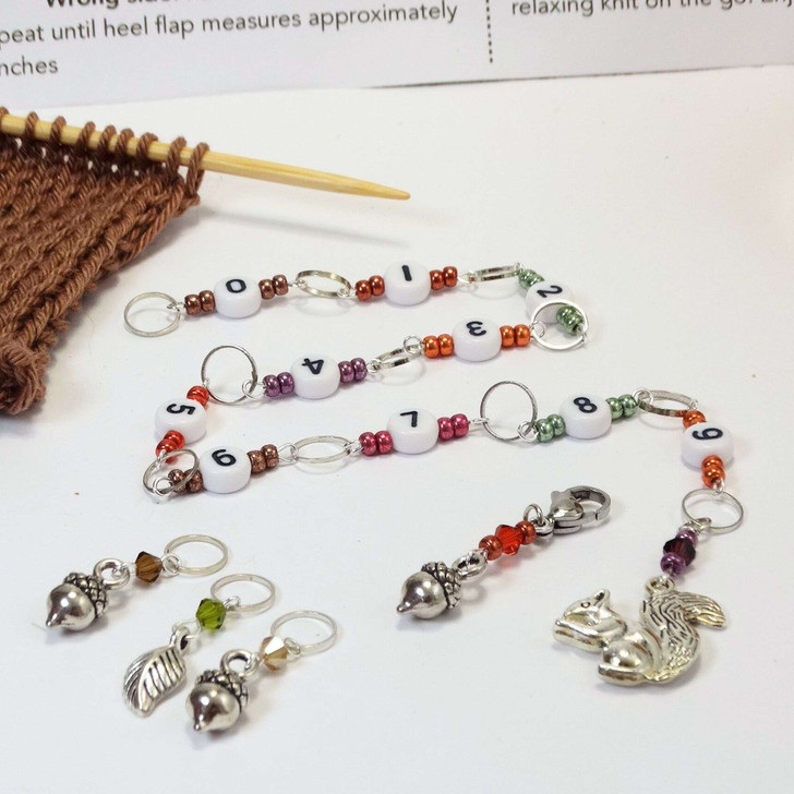 Squirrel & Acorn Row Counter plus Stitch Markers - 99 Row Counter Chain for Knitting and crochet - SIZE 4mm OR 7mm