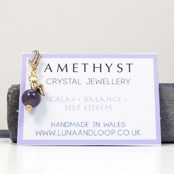 Amethyst Gemstone & Gold Heart Progress Marker, Clip On Charm