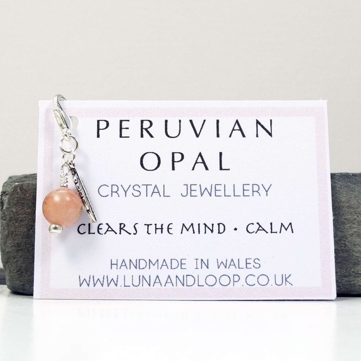 Peruvian Opal Gemstone & Silver Feather Dainty Clip On Charm | Clears The End, Calming | healing crystal minimalist