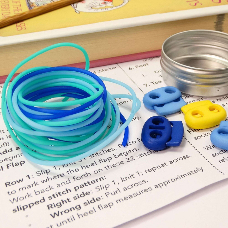Blue Mix Stitch Cords & 4 Stitch Stoppers for needles up to ~ 4mm