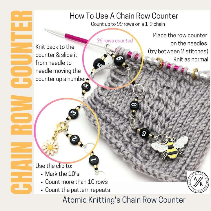 Row Counter - Blue Cow & Daisy 99 Row Counter Chain for Knitting- SIZE 4mm OR 7mm | Atomic Knitting