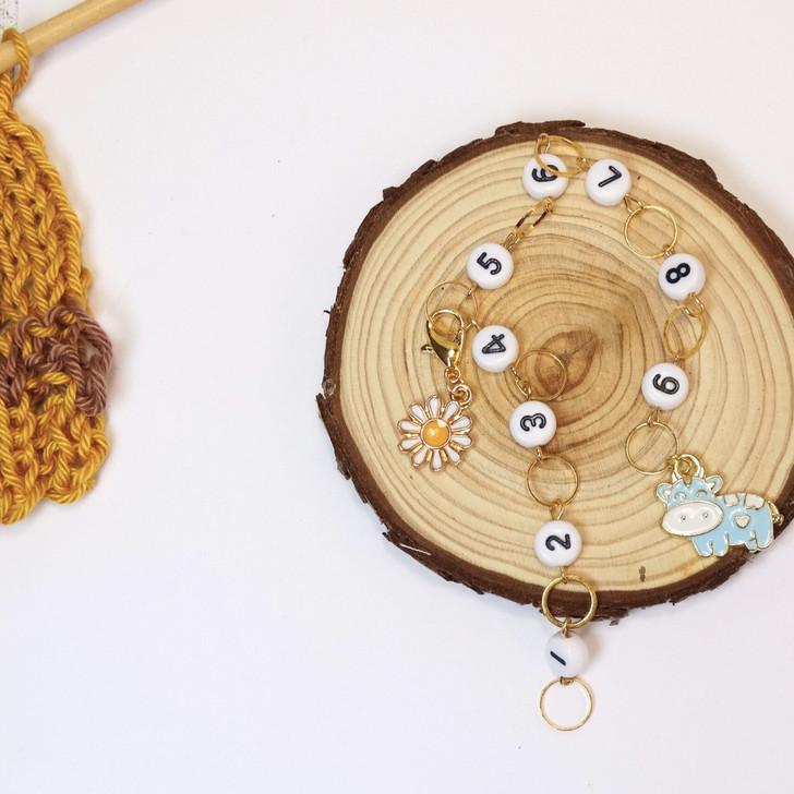 Row Counter - Blue Cow & Daisy 99 Row Counter Chain for Knitting- SIZE 4mm OR 7mm | Atomic Knitting