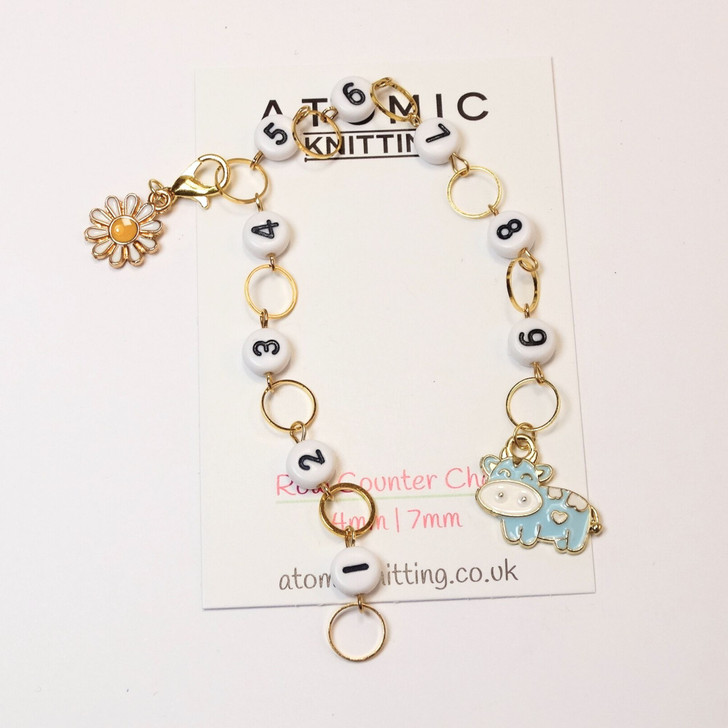 Row Counter - Blue Cow & Daisy 99 Row Counter Chain for Knitting- SIZE 4mm OR 7mm | Atomic Knitting