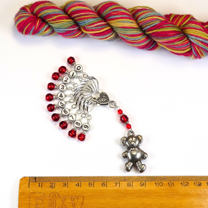 Red & Silver Counting Stitch Markers set of 10 with teddy bear holder