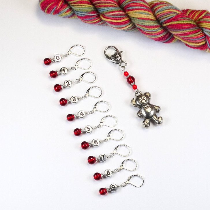 Red & Silver Counting Stitch Markers set of 10 with teddy bear holder