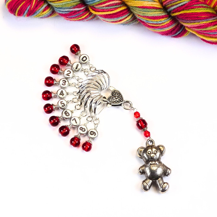 Red & Silver Counting Stitch Markers set of 10 with teddy bear holder