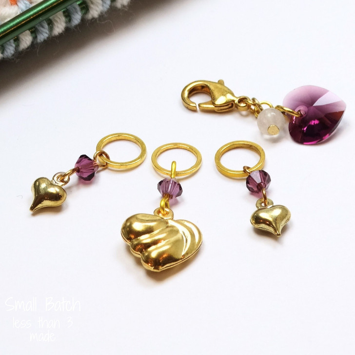 Amethyst & Gold Heart Stitch Markers - Set of 4