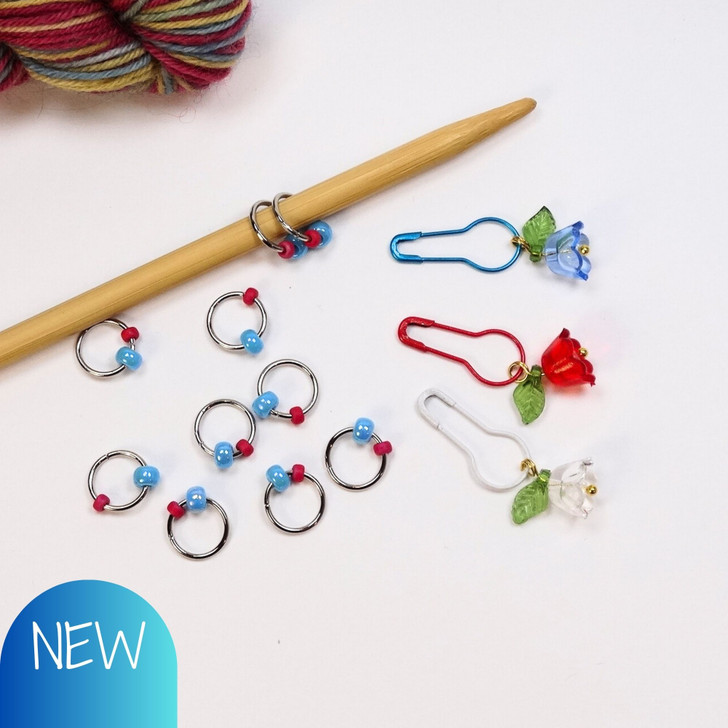 Blue Spring Jewel Knitting Stitch Markers x 10 & 3 Flower Stitch Marker