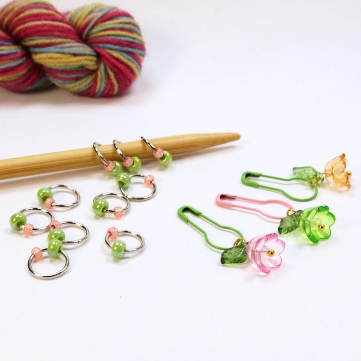 Green Spring Jewel Knitting Stitch Markers x 10 & 3 Flower Stitch Marker
