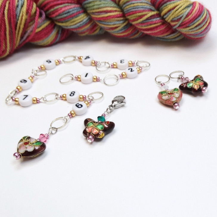 Cloisonne Heart & Butterfly Row Counter Chain and 2 Stitch Markers Bundle