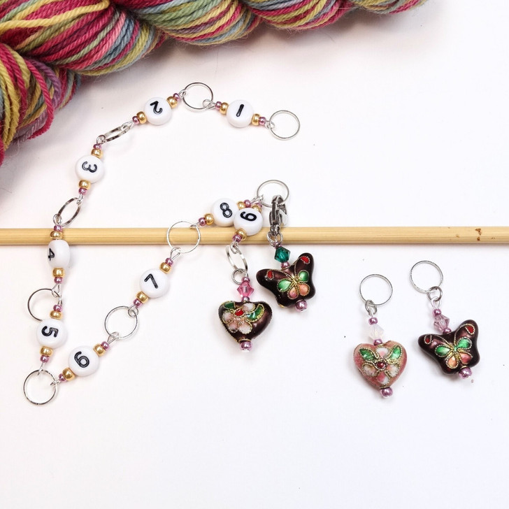 Cloisonne Heart & Butterfly Row Counter Chain and 2 Stitch Markers Bundle