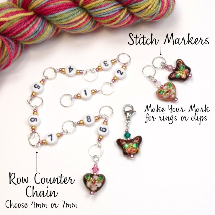 Cloisonne Heart & Butterfly Row Counter Chain and 2 Stitch Markers Bundle