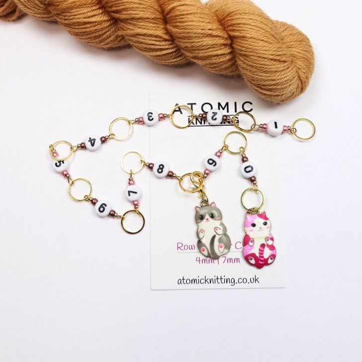 Row Counter Chain - Pink and Grey Cats Numbered Row Counter - SIZE 4mm OR 7mm