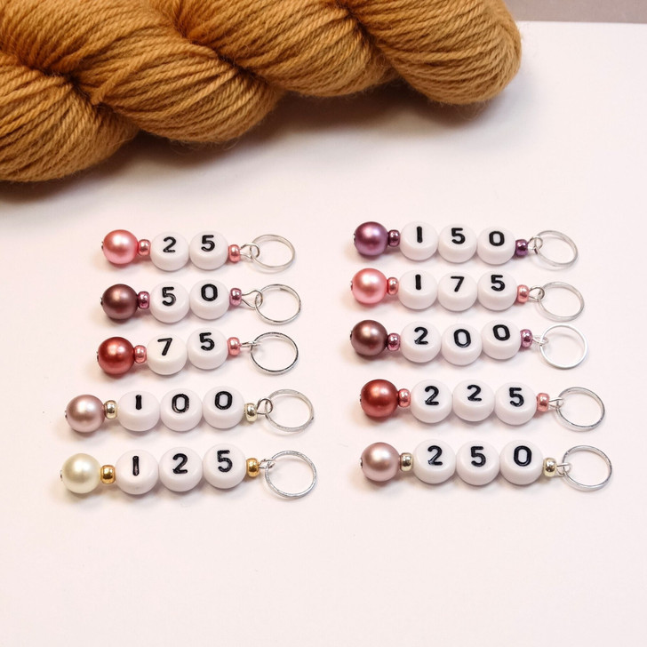 Pink Pastel Pearl Numbered Counting Stitch Markers 25-250 (set of 10)
