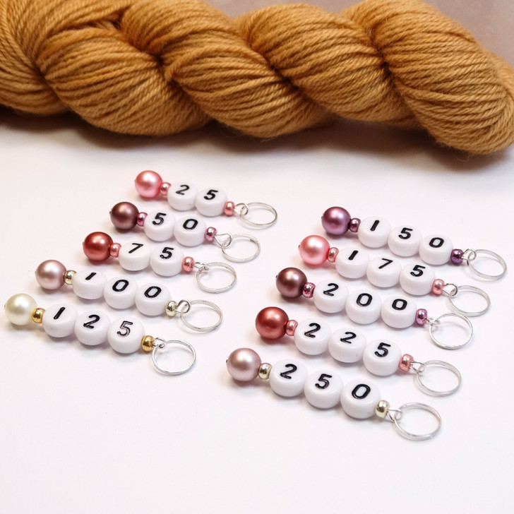 Pink Pastel Pearl Numbered Counting Stitch Markers 25-250 (set of 10)