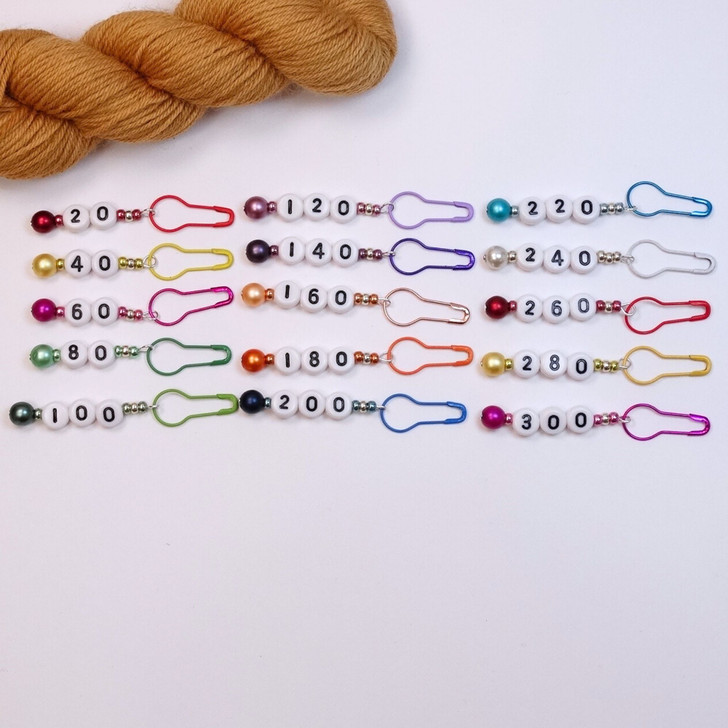 Matt Pastel Pearl Numbered Counting Stitch Markers 20-300 (set of 15)