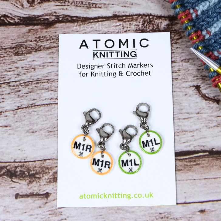 Make 1 right (m1r) and Make 1 left (M1l) | Gold & Lime Green Instruction Stitch Marker Set of 4