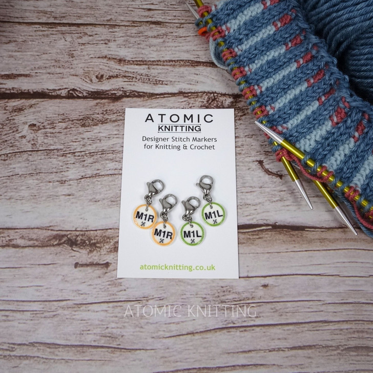 Make 1 right (m1r) and Make 1 left (M1l) | Gold & Lime Green Instruction Stitch Marker Set of 4