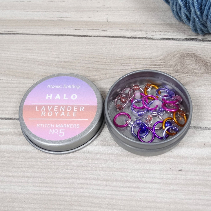 20 Halo 'Lavender Royale No.5 ' Snag Free Stitch Markers & Tin - 4.5mm