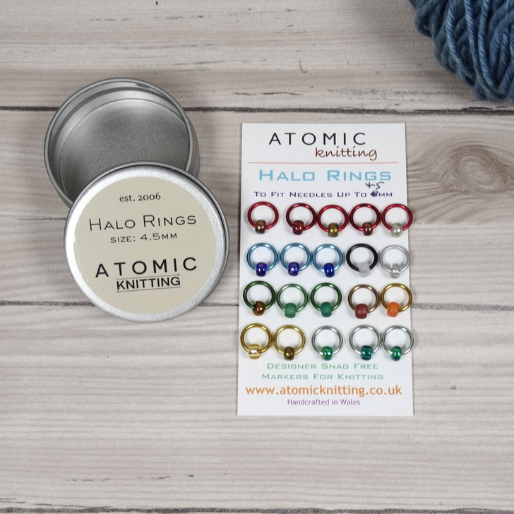 Halo Stitch Markers for Knitting with Storage Tin | Set of 20 Handmade Snag-Free Ring Markers