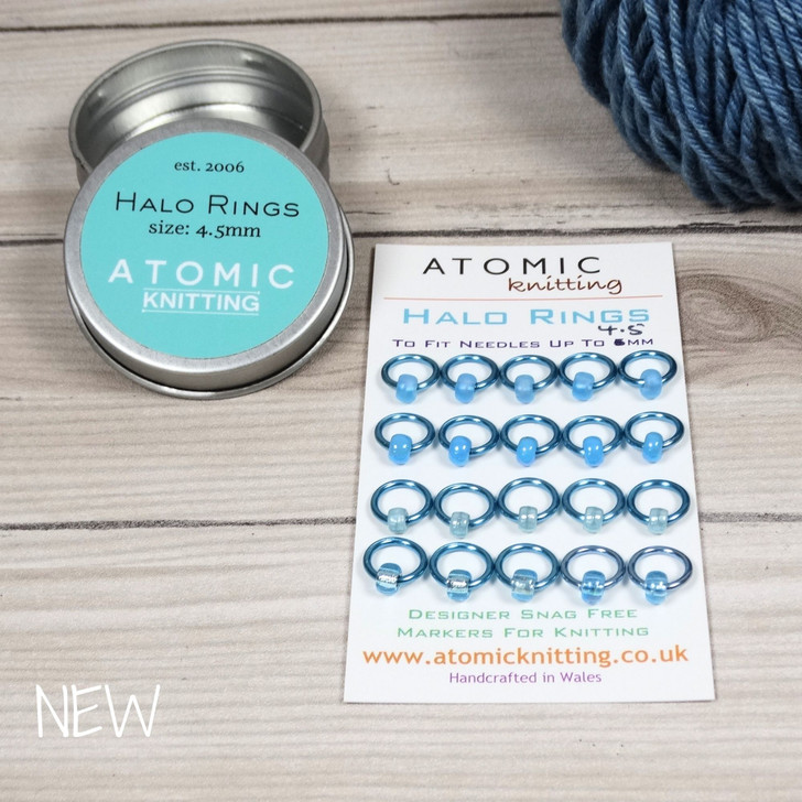 Aqua Halo Stitch Markers for Knitting with Storage Tin | Set of 20 Handmade Snag-Free Ring Markers