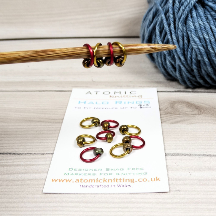 Red & Gold Mix Halo Stitch Markers for Knitting | Set of 10 Handmade Snag-Free Ring Markers