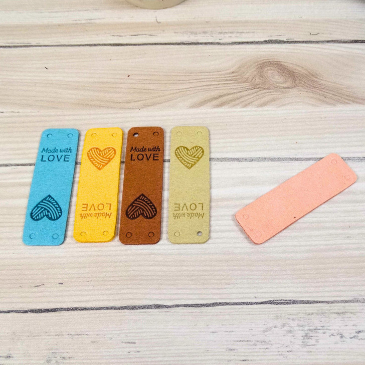 Handmade Faux Leather Labels with Heart | Embossed Sewing Tags | Knitting Crochet Bag Hat Clothing Labels | 5 x 1.5cm