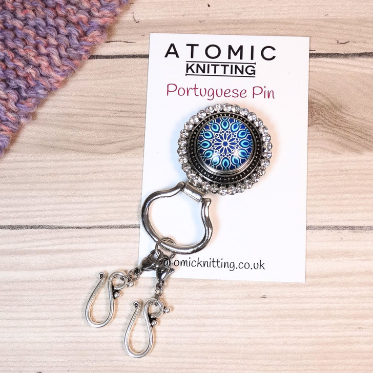 Aqua Blue Mandala Magnetic Portuguese Knitting Pin - Detachable Double Hook