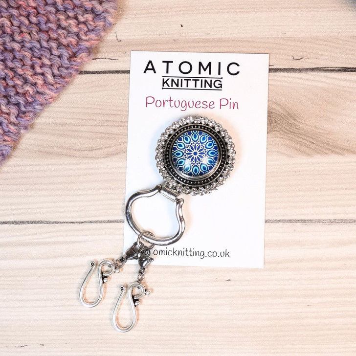 Aqua Blue Mandala Magnetic Portuguese Knitting Pin - Detachable Double Hook