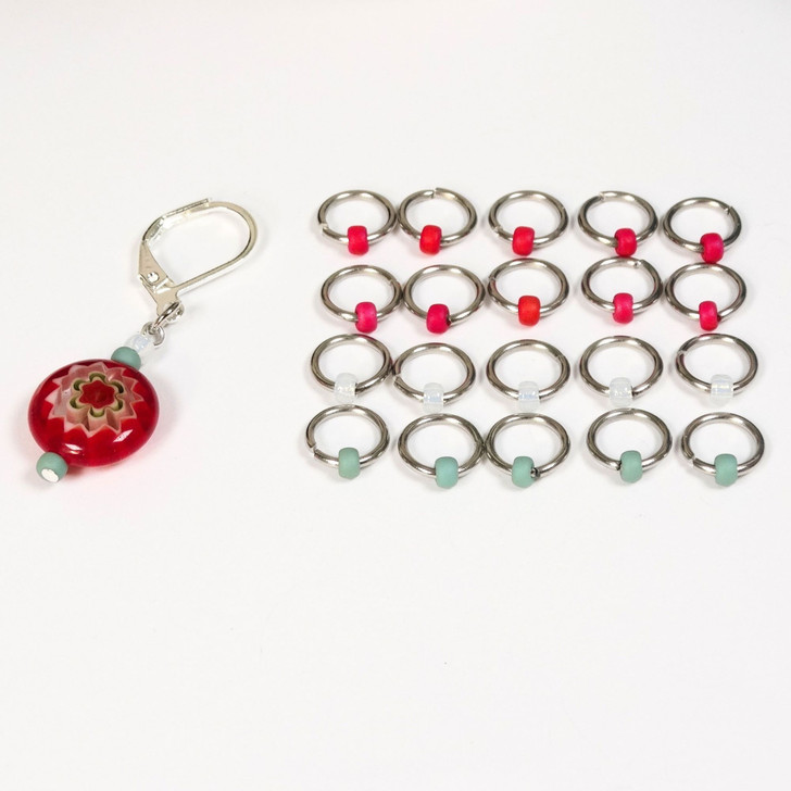 Red/Green/Opal Mix Jewel Stitch Markers For Knitting x 20 (Tiny Bead) 1 Progress Marker