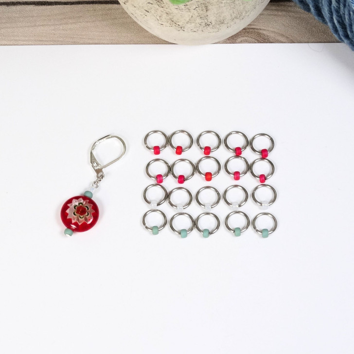 Red/Green/Opal Mix Jewel Stitch Markers For Knitting x 20 (Tiny Bead) 1 Progress Marker