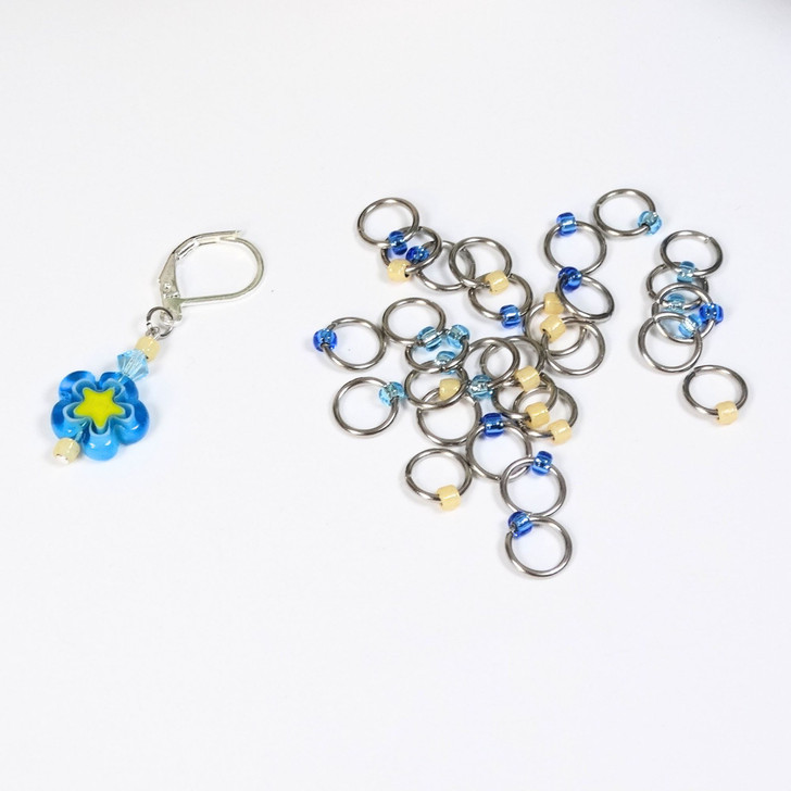 Daisy and Aqua/Blue/Yellow Mix Jewel Stitch Markers For Knitting x 30 (Tiny Bead) 1 Progress Marker