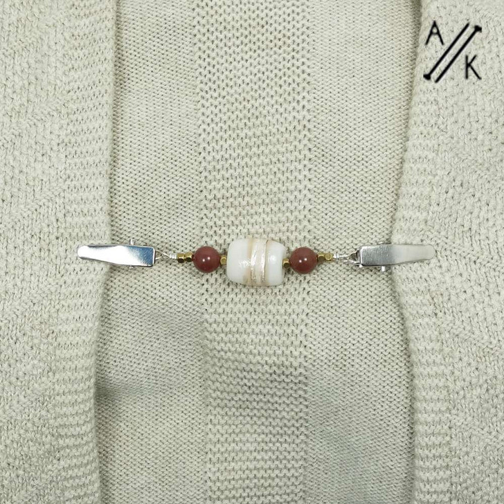 Handmade beaded cardigan and shawl clip made with high-quality gemstones and a ceramic stone, measuring 12cm long including clips.