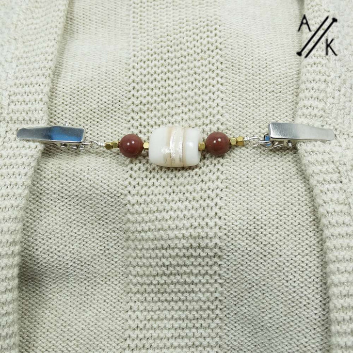 Handmade beaded cardigan and shawl clip made with high-quality gemstones and a ceramic stone, measuring 12cm long including clips.