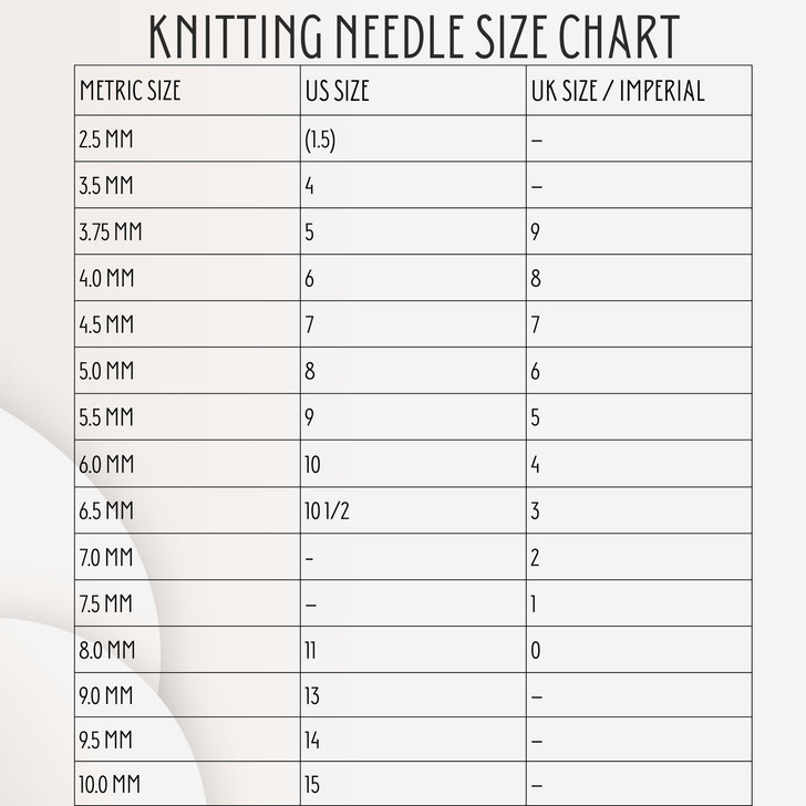 A knitting needle size conversion chart showing UK, US, and metric sizes to help knitters match needle sizes across systems.