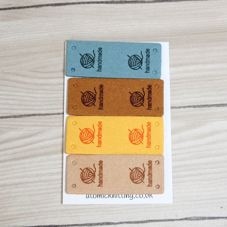 Faux Leather Handmade Labels with ball of yarn | Embossed Sewing Tags | Knitting Crochet Bag Hat Clothing Labels | Set of 4