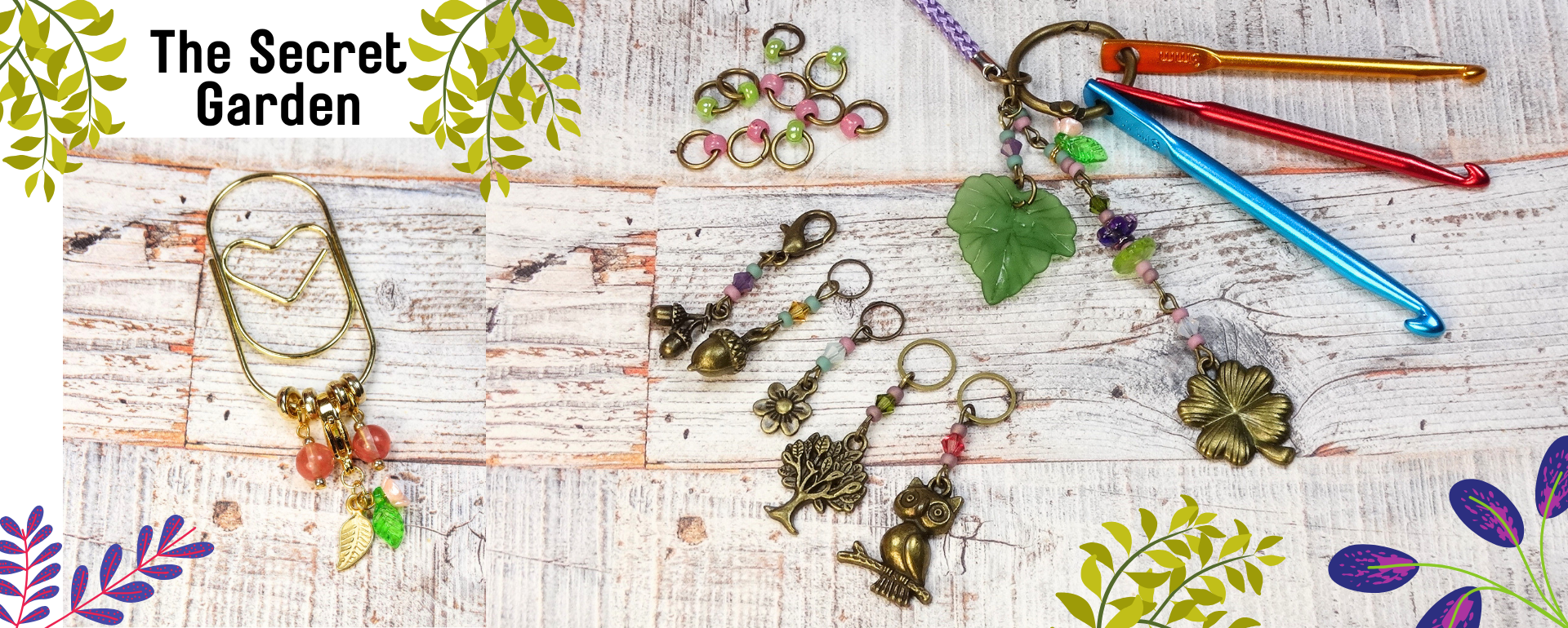 The Secret Garden Stitch Marker Bundle Set on a wooden floorboard background