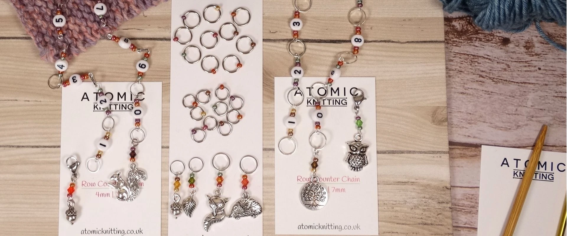 Autumn stitch markers and row counter bundles with squirrels, acorns and foxes