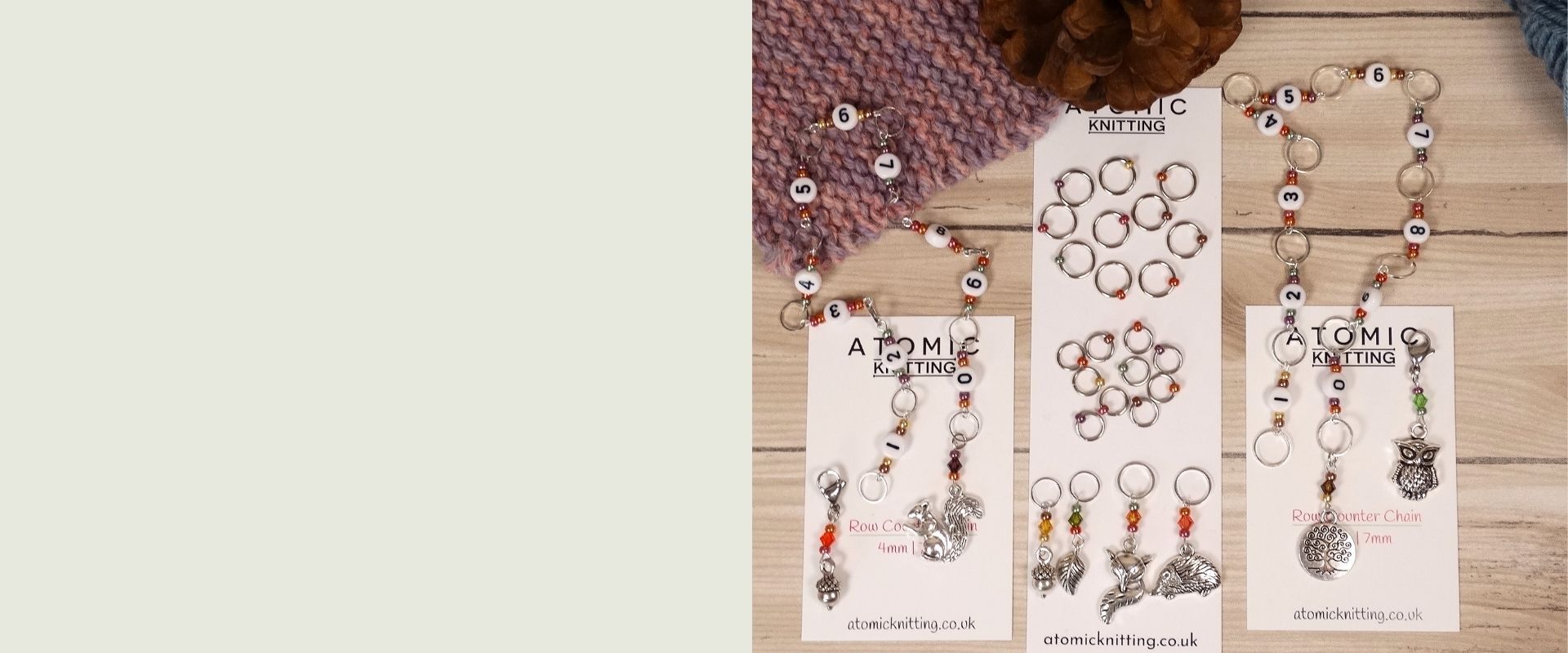Autumn stitch markers and row counter bundles with squirrels, acorns and foxes