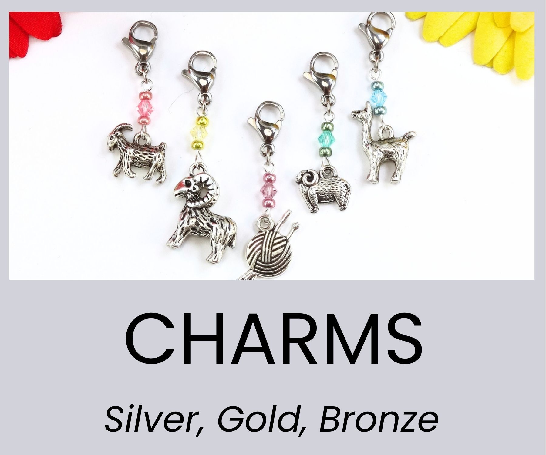 Charm stitch markers in silver, gold, bronze and rose gold